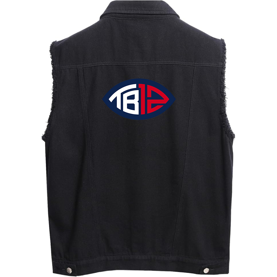 Men's Tom Brady 12 Sleeveless Distressed Denim Vest  Rugged Black Jean Jacket