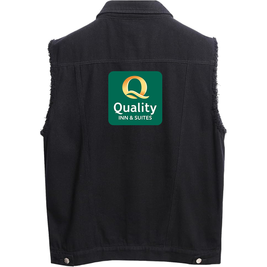 Men's Quality Inn & Suites Sleeveless Distressed Denim Vest  Rugged Black Jean Jacket