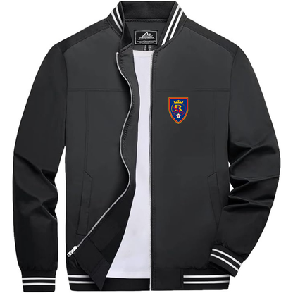 Men's Real Salt Lake Soccer Lightweight Zip-Up Bomber Jacket with Ribbed Collar and Cuffs Versatile Casual Outerwear