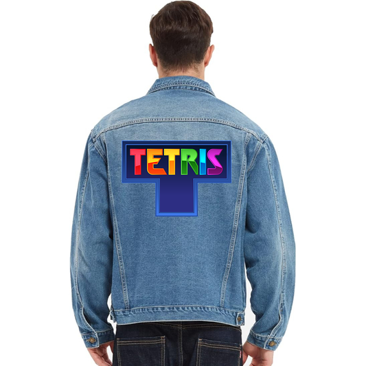 Men's Tetris Vintage Distressed Denim Jacket Stylish Casual Jean Outerwear
