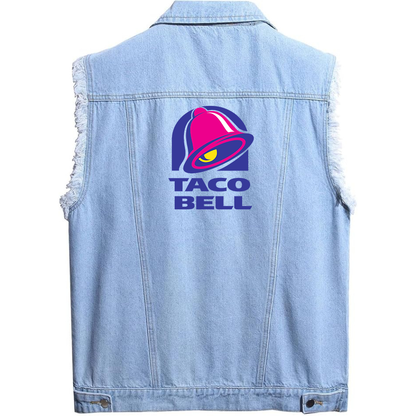 Men's Taco Bell  Sleeveless Distressed Denim Vest  Rugged Black Jean Jacket