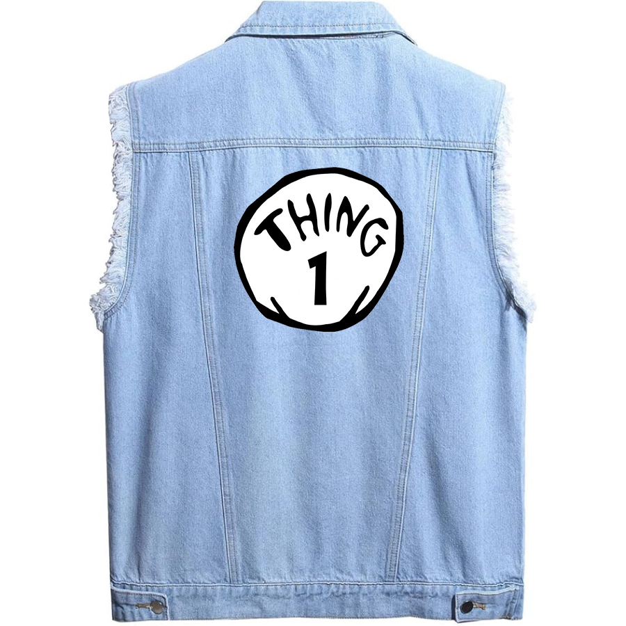 Men's Dr. Suess Thing 1  Sleeveless Distressed Denim Vest  Rugged Black Jean Jacket