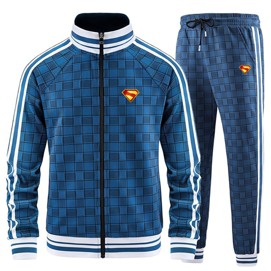Men's Superman 2025 Tracksuits Full-zip Long Sleeve Plaid Track Jackets and Pants 2 Piece
