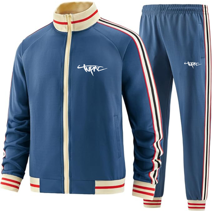 Men's Tupac Two-Piece Designer Tracksuit with Bold Striped Accents and Zippered Front Elevated Athletic Wear