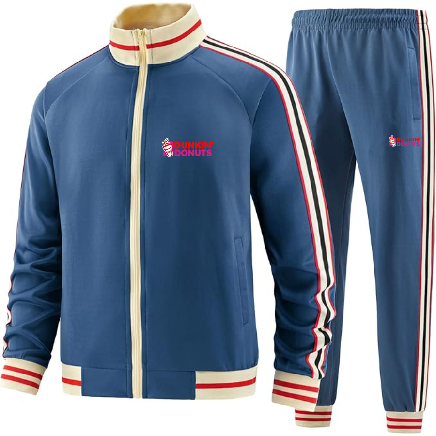 Men's Dunkin Donuts Premium Two-Piece Designer Tracksuit with Bold Striped Accents and Zippered Front Elevated Athletic Wear
