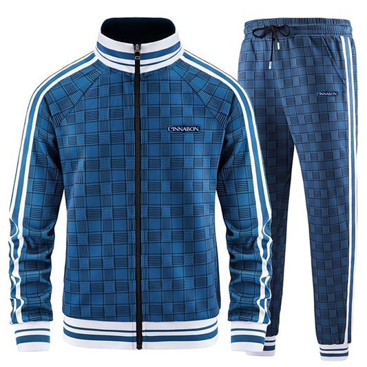 Men's Cinnabon Tracksuits Full-zip Long Sleeve Plaid Track Jackets and Pants 2 Piece