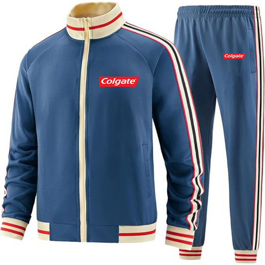 Men's  Colgate Two-Piece Designer Tracksuit with Bold Striped Accents and Zippered Front Elevated Athletic Wear