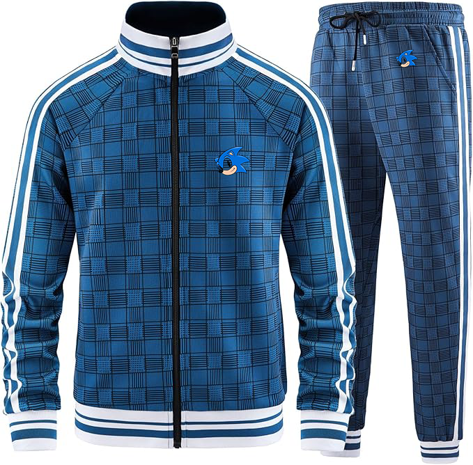 Men's  Sonic the Hedgehog Tracksuits Full-zip Long Sleeve Plaid Track Jackets and Pants 2 Piece