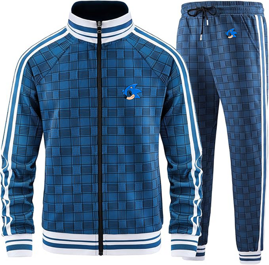 Men's  Sonic the Hedgehog Tracksuits Full-zip Long Sleeve Plaid Track Jackets and Pants 2 Piece