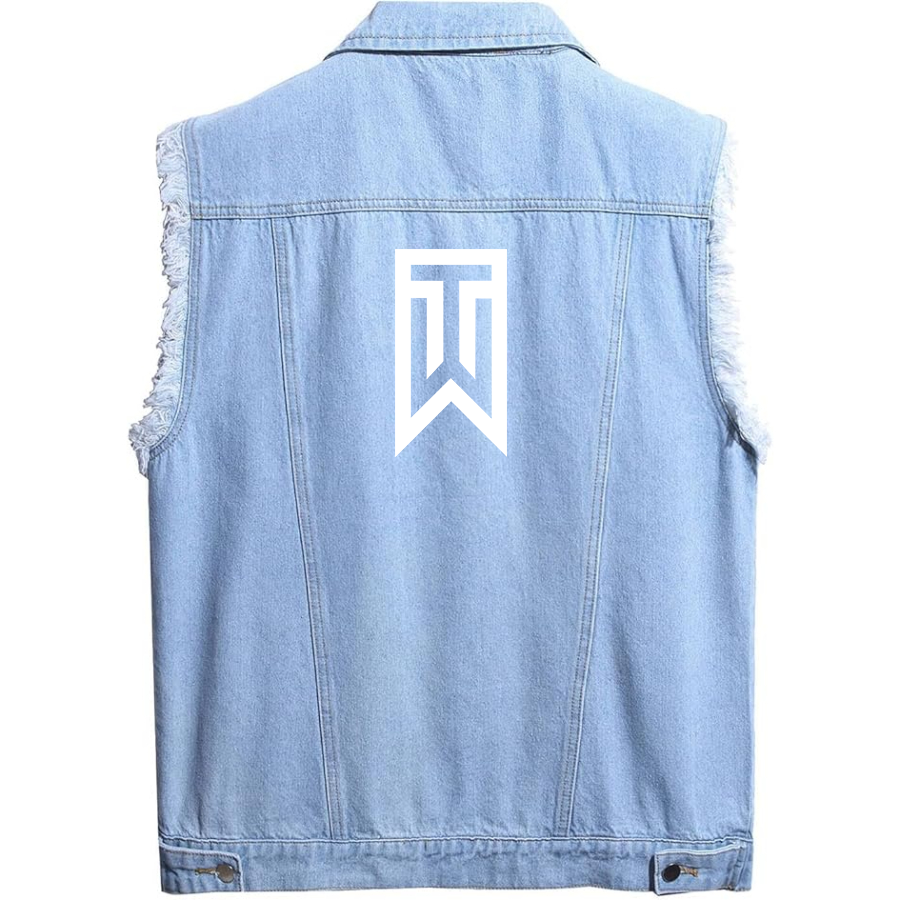 Men's Tiger Woods Sleeveless Distressed Denim Vest  Rugged Black Jean Jacket