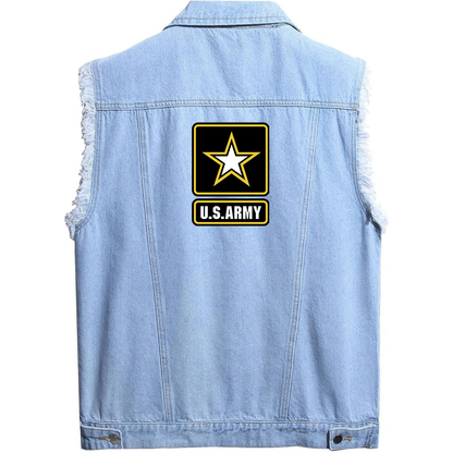Men's  U.S. ARMY Sleeveless Distressed Denim Vest  Rugged Black Jean Jacket