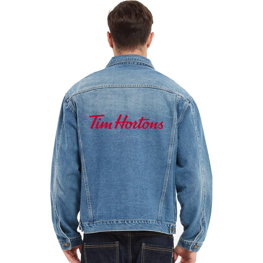 Men's Tim Hortons Vintage Distressed Denim Jacket Stylish Casual Jean Outerwear