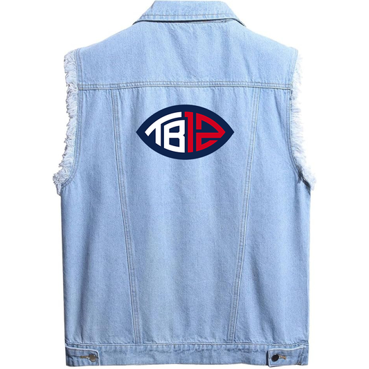 Men's Tom Brady 12 Sleeveless Distressed Denim Vest  Rugged Black Jean Jacket