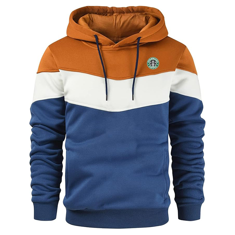 Men's  Starbucks Coffee  Gesean Novelty Color Block Pullover Fleece Hoodie Long Sleeve Casual Sweatshirt with Pocket