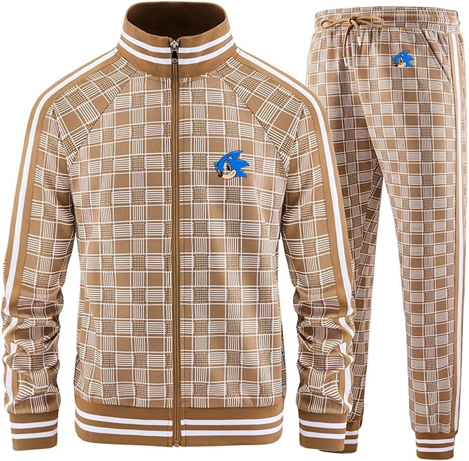 Men's  Sonic the Hedgehog Tracksuits Full-zip Long Sleeve Plaid Track Jackets and Pants 2 Piece