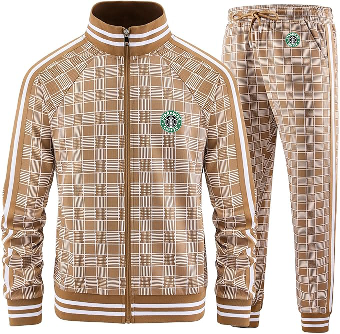 Men's  Starbucks Coffee  Tracksuits Full-zip Long Sleeve Plaid Track Jackets and Pants 2 Piece