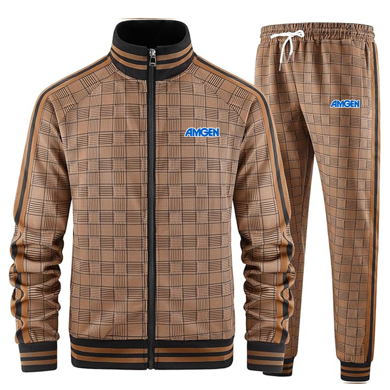 Men's Amgen Tracksuits Full-zip Long Sleeve Plaid Track Jackets and Pants 2 Piece