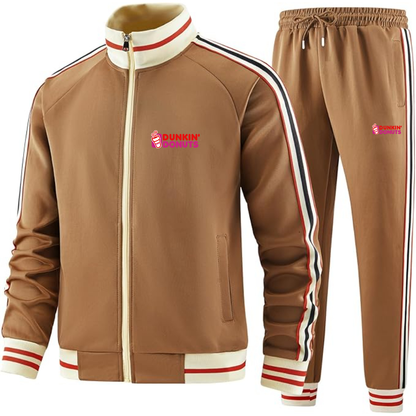 Men's Dunkin Donuts Premium Two-Piece Designer Tracksuit with Bold Striped Accents and Zippered Front Elevated Athletic Wear