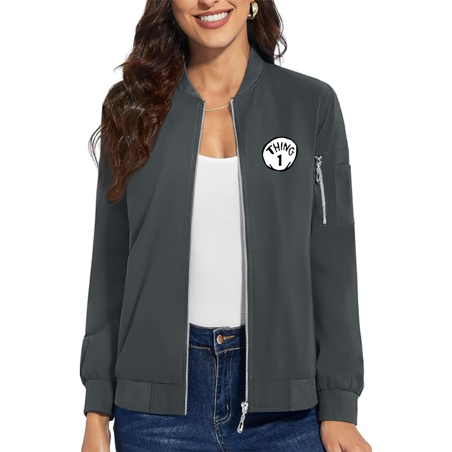 Women's Dr. Suess Thing 1 Premium Bomber Jacket with Polished Detailing and Functional Sleeve Pocket Modern Luxury Outerwear