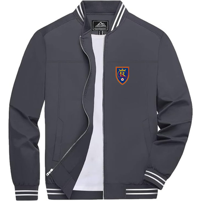 Men's Real Salt Lake Soccer Lightweight Zip-Up Bomber Jacket with Ribbed Collar and Cuffs Versatile Casual Outerwear
