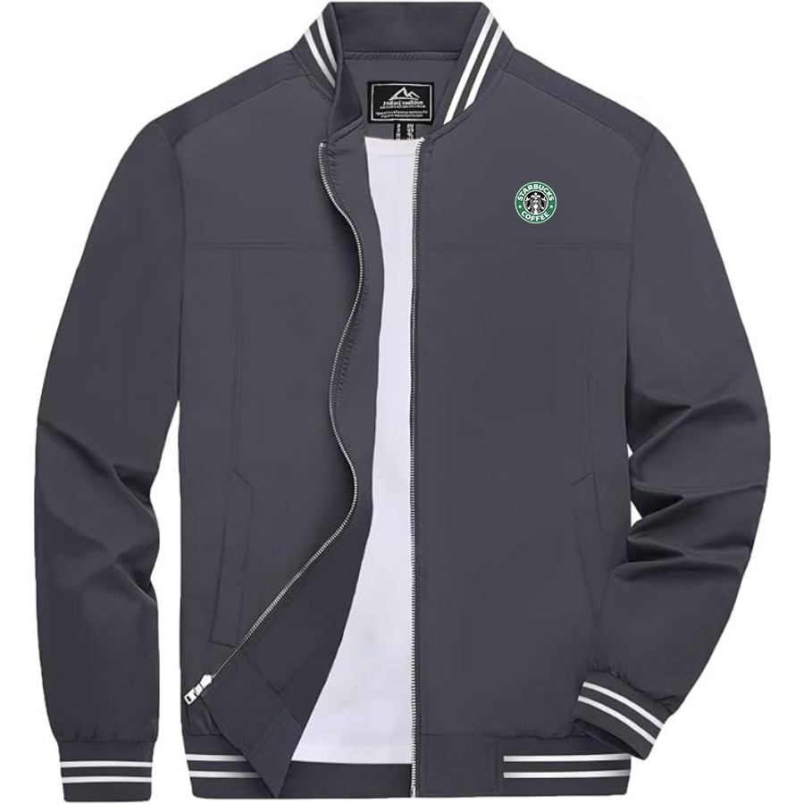 Men's  Starbucks Coffee Lightweight Zip-Up Bomber Jacket with Ribbed Collar and Cuffs Versatile Casual Outerwear