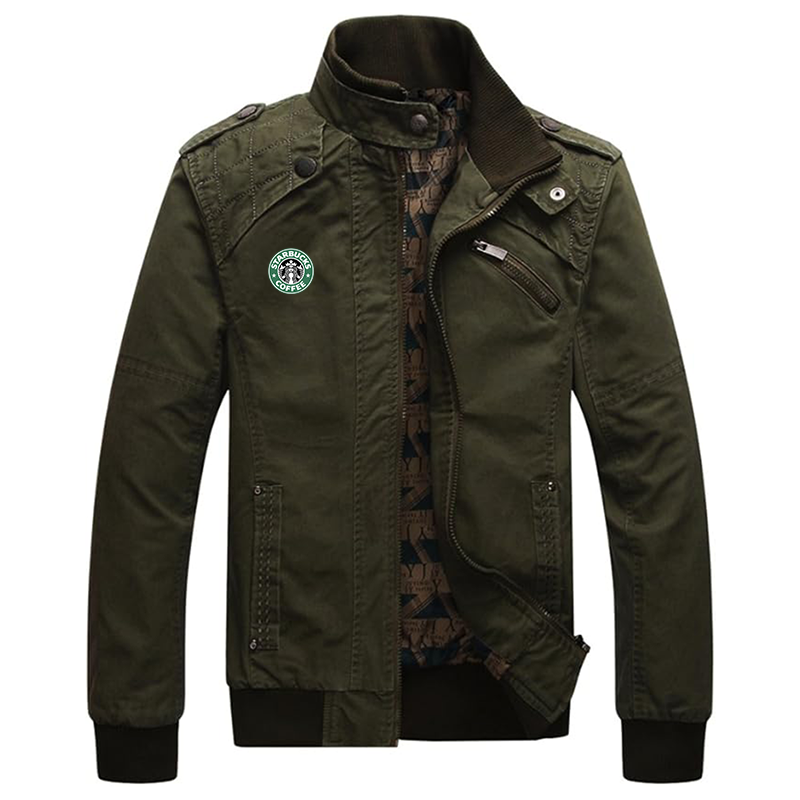 Men's  Starbucks Coffee Dwar Casual Washed Cotton Military Outdoor Jackets with Shoulder Straps