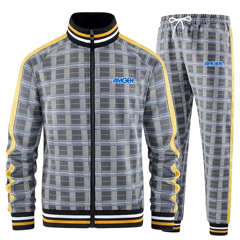 Men's Amgen Tracksuits Full-zip Long Sleeve Plaid Track Jackets and Pants 2 Piece