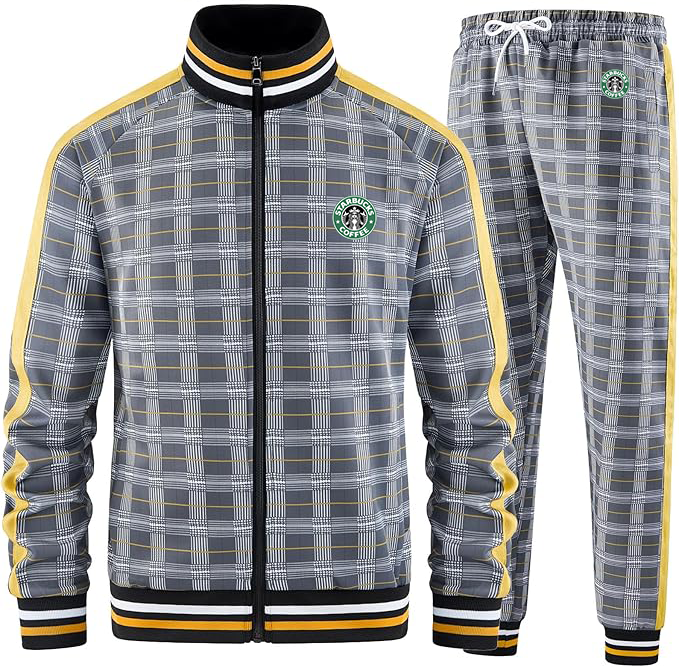Men's  Starbucks Coffee  Tracksuits Full-zip Long Sleeve Plaid Track Jackets and Pants 2 Piece