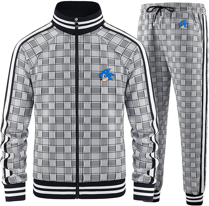 Men's  Sonic the Hedgehog Tracksuits Full-zip Long Sleeve Plaid Track Jackets and Pants 2 Piece