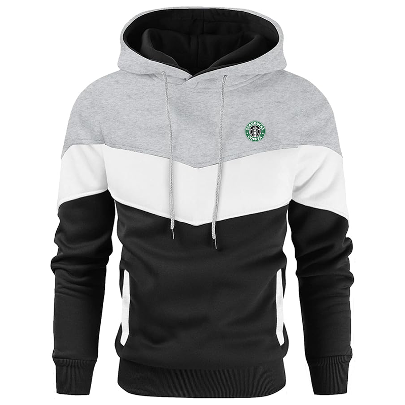 Men's  Starbucks Coffee  Gesean Novelty Color Block Pullover Fleece Hoodie Long Sleeve Casual Sweatshirt with Pocket