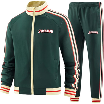 Men's Spider Man Two-Piece Designer Tracksuit with Bold Striped Accents and Zippered Front Elevated Athletic Wear