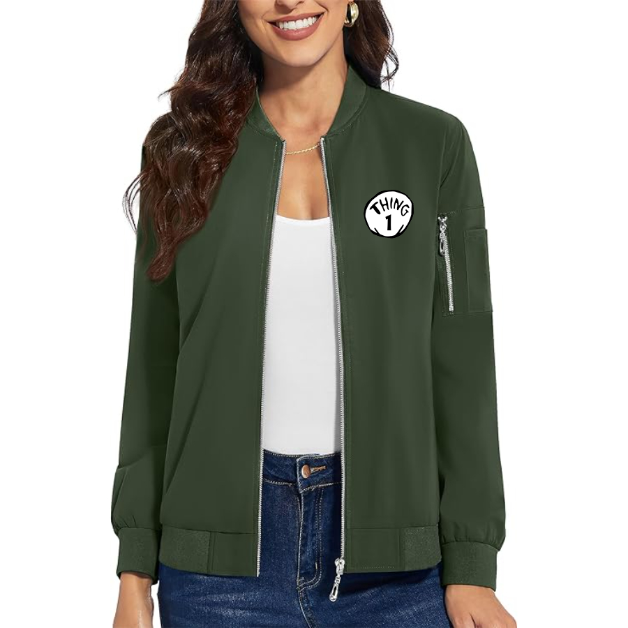 Women's Dr. Suess Thing 1 Premium Bomber Jacket with Polished Detailing and Functional Sleeve Pocket Modern Luxury Outerwear