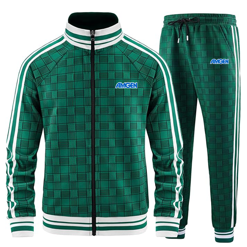 Men's Amgen Tracksuits Full-zip Long Sleeve Plaid Track Jackets and Pants 2 Piece