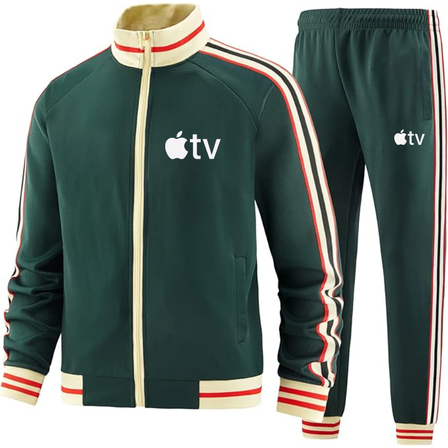 Men's Apple TV Two-Piece Designer Tracksuit with Bold Striped Accents and Zippered Front Elevated Athletic Wear