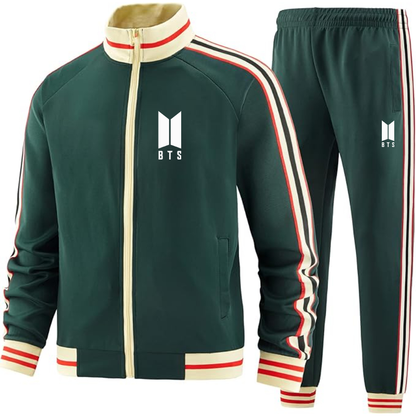 Men's BTS Two-Piece Designer Tracksuit with Bold Striped Accents and Zippered Front Elevated Athletic Wear