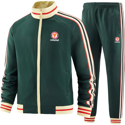 Men's Popeyes Louisiana Kitchen Premium Two-Piece Designer Tracksuit with Bold Striped Accents and Zippered Front Elevated Athletic Wear