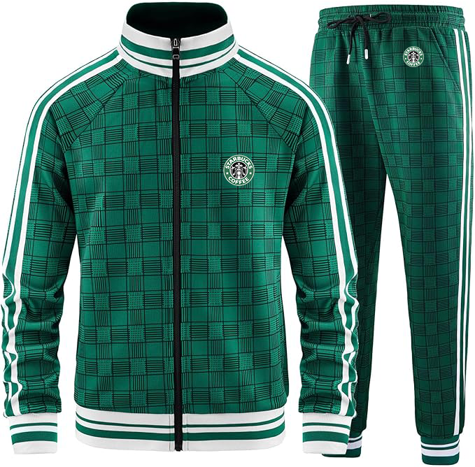 Men's  Starbucks Coffee  Tracksuits Full-zip Long Sleeve Plaid Track Jackets and Pants 2 Piece