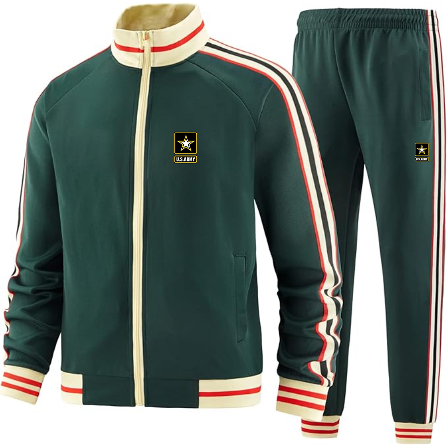 Men's  U.S. ARMY Premium Two-Piece Designer Tracksuit with Bold Striped Accents and Zippered Front Elevated Athletic Wear