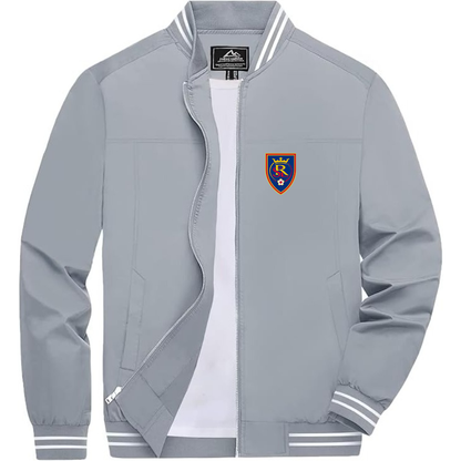 Men's Real Salt Lake Soccer Lightweight Zip-Up Bomber Jacket with Ribbed Collar and Cuffs Versatile Casual Outerwear