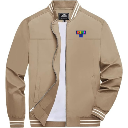 Men's Tetris Lightweight Zip-Up Bomber Jacket with Ribbed Collar and Cuffs Versatile Casual Outerwear