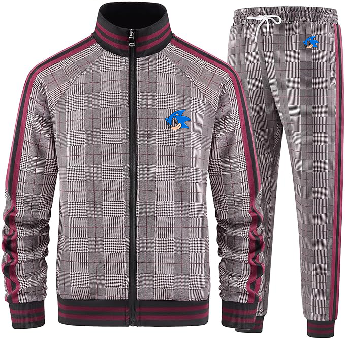 Men's  Sonic the Hedgehog Tracksuits Full-zip Long Sleeve Plaid Track Jackets and Pants 2 Piece