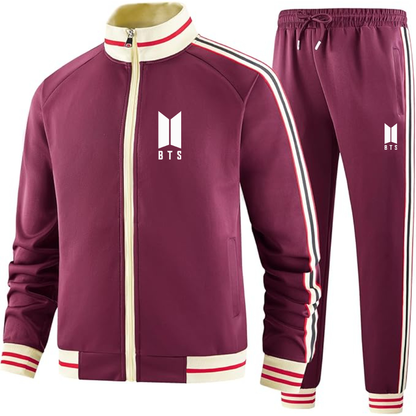 Men's BTS Two-Piece Designer Tracksuit with Bold Striped Accents and Zippered Front Elevated Athletic Wear