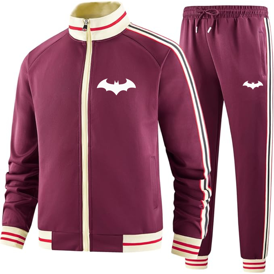 Men's Batman Two-Piece Designer Tracksuit with Bold Striped Accents and Zippered Front Elevated Athletic Wear