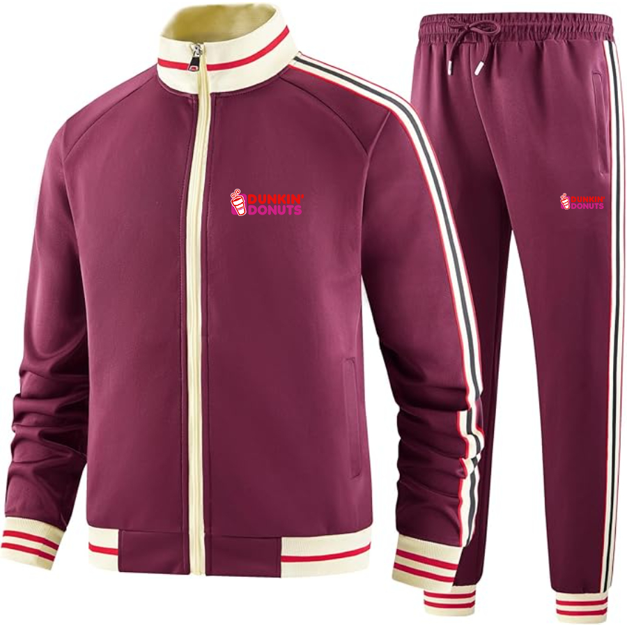 Men's Dunkin Donuts Premium Two-Piece Designer Tracksuit with Bold Striped Accents and Zippered Front Elevated Athletic Wear