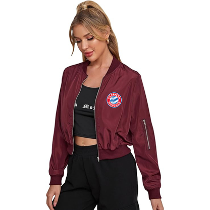 Women's FC Bayern Munich Lightweight Bomber Biker Jacket Zip up Windbreaker Crop Bomber Jacket Coat