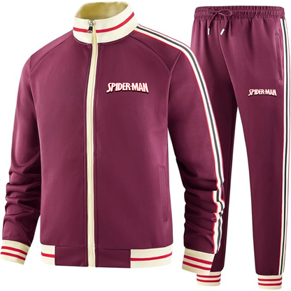 Men's Spider Man Two-Piece Designer Tracksuit with Bold Striped Accents and Zippered Front Elevated Athletic Wear