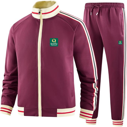 Men's Quality Inn & Suites Premium Two-Piece Designer Tracksuit with Bold Striped Accents and Zippered Front Elevated Athletic Wear