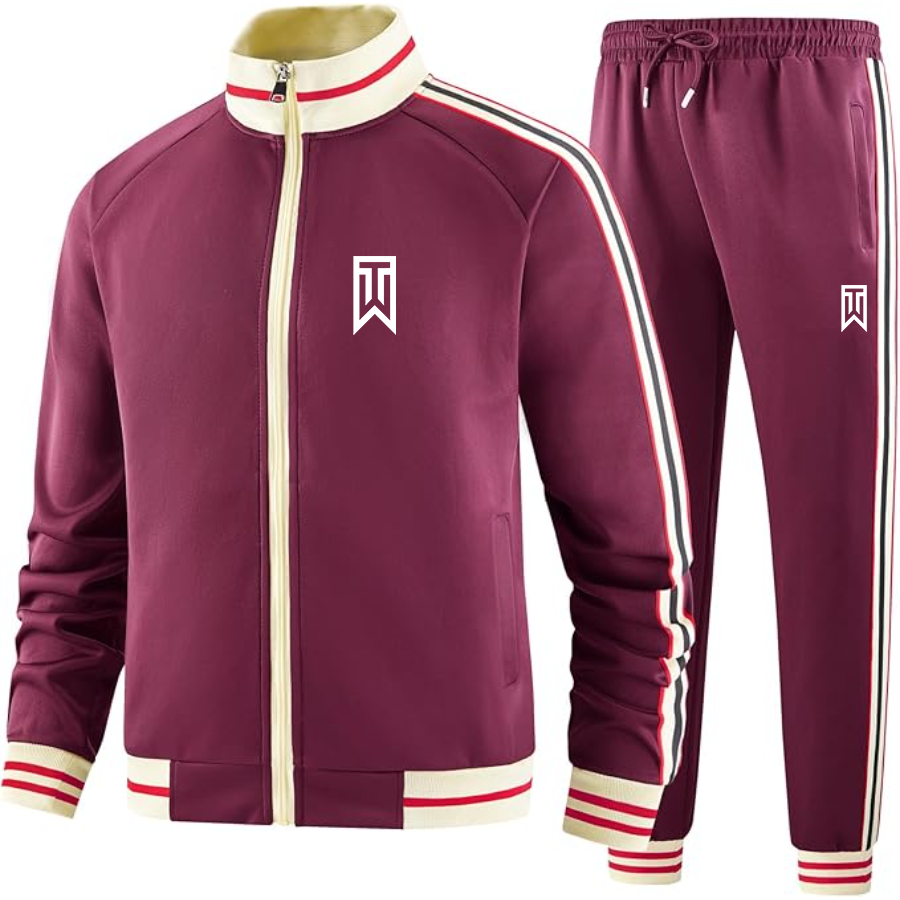 Men's Tiger Woods Premium Two-Piece Designer Tracksuit with Bold Striped Accents and Zippered Front Elevated Athletic Wear