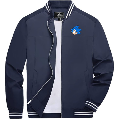 Men's Sonic the Hedgehog Lightweight Zip-Up Bomber Jacket with Ribbed Collar and Cuffs Versatile Casual Outerwear