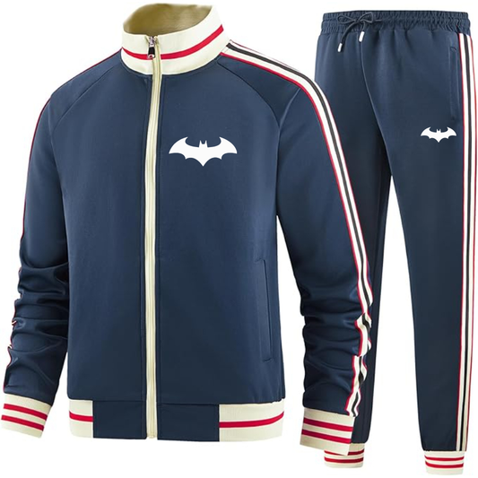 Men's Batman Two-Piece Designer Tracksuit with Bold Striped Accents and Zippered Front Elevated Athletic Wear